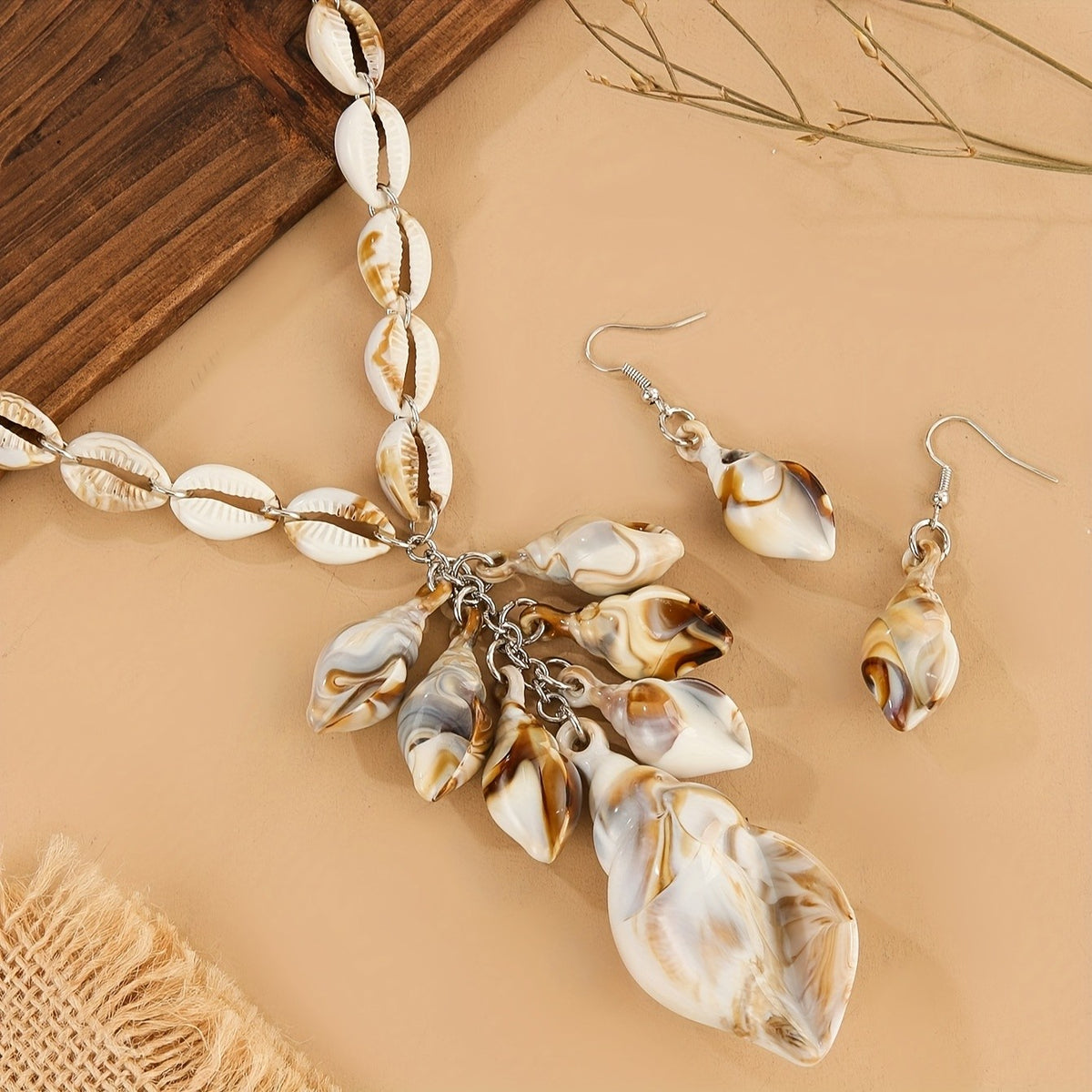Boho Resin Seashell Necklace and Earring Set