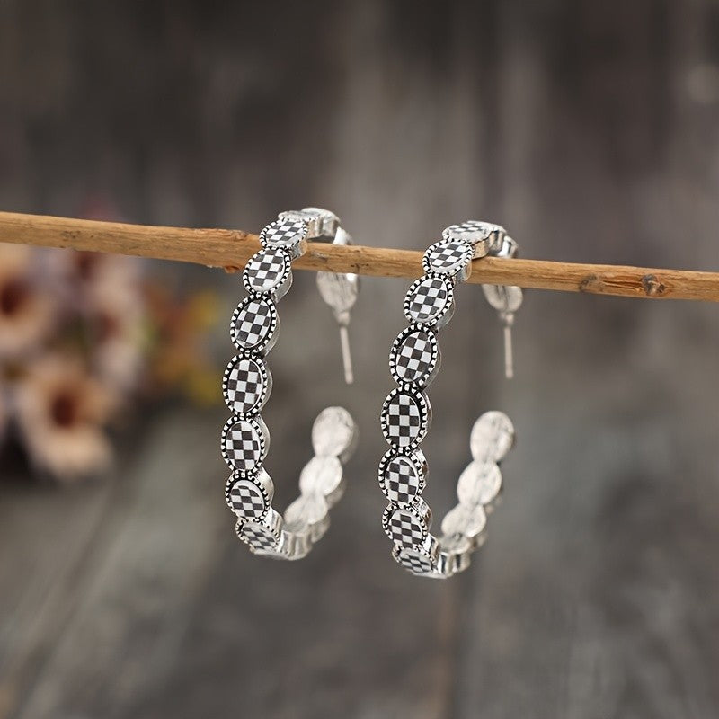 Boho Checkerboard C-Hoop Earrings