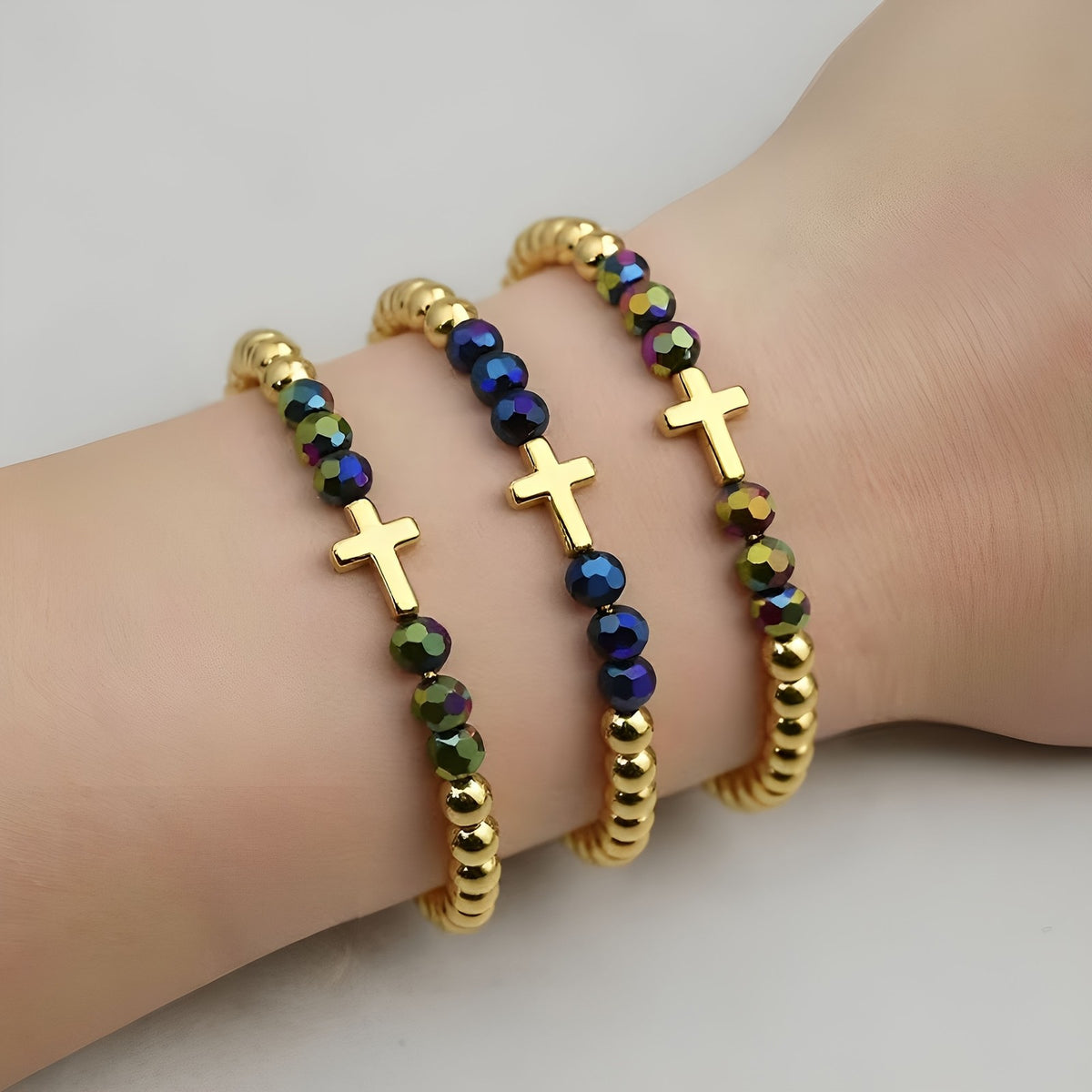 3pc Boho Iridescent Cross Bracelet Set