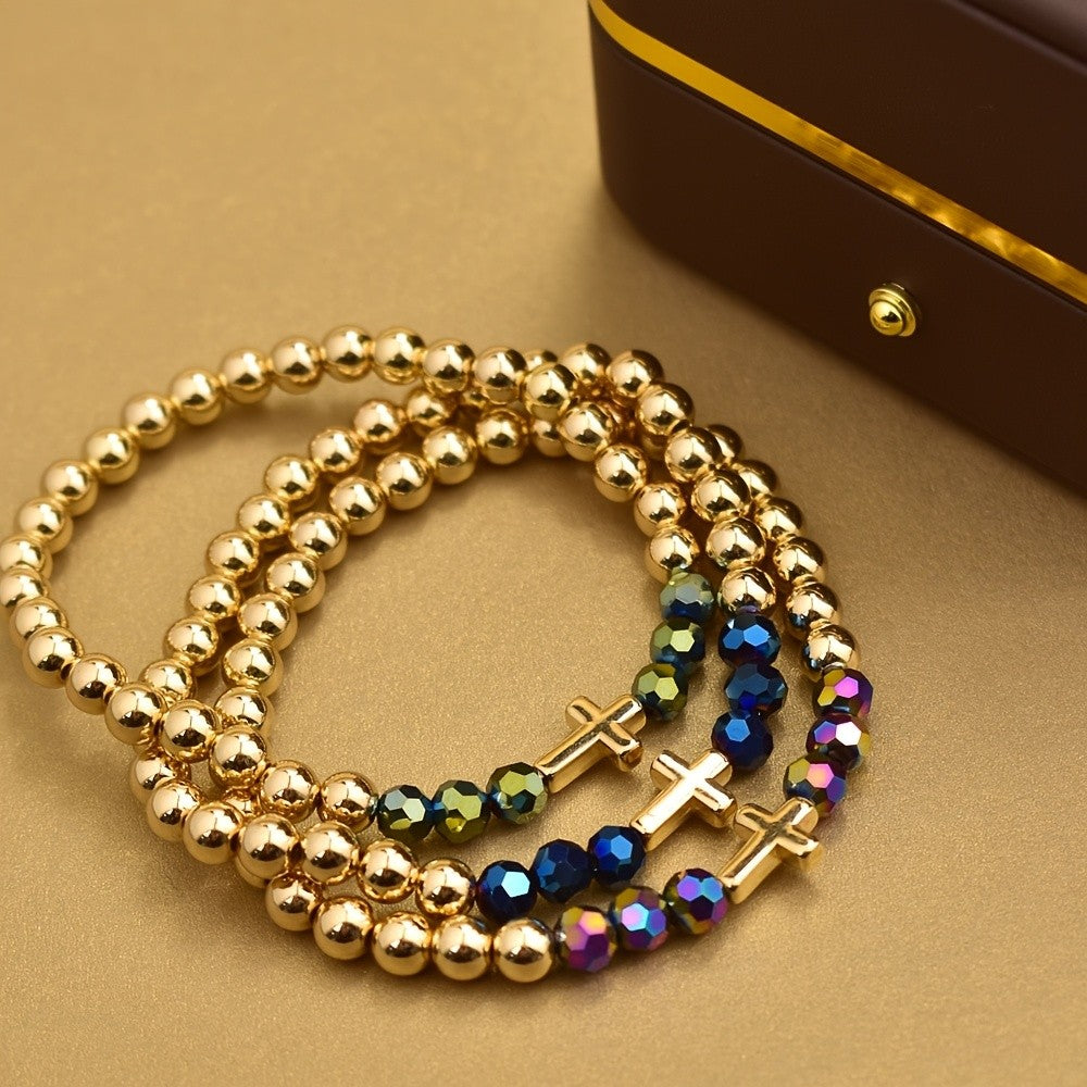 3pc Boho Iridescent Cross Bracelet Set