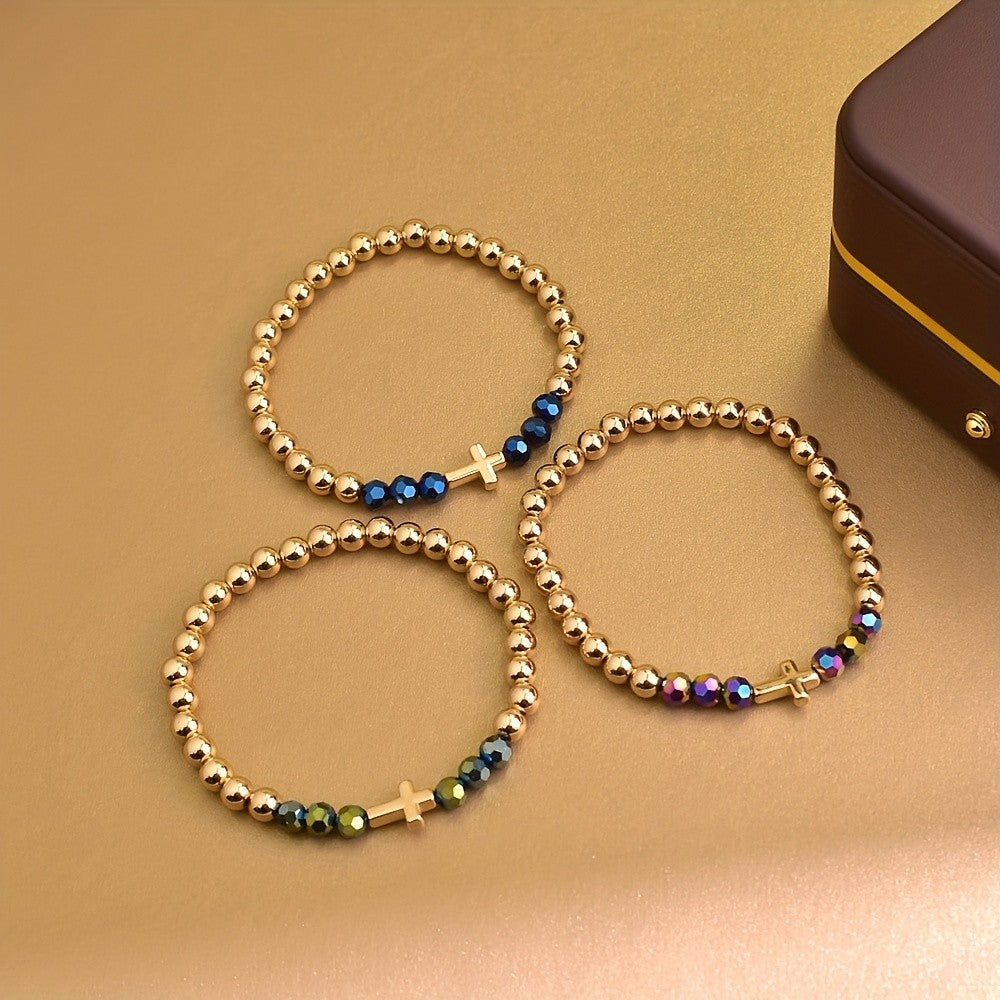 3pc Boho Iridescent Cross Bracelet Set