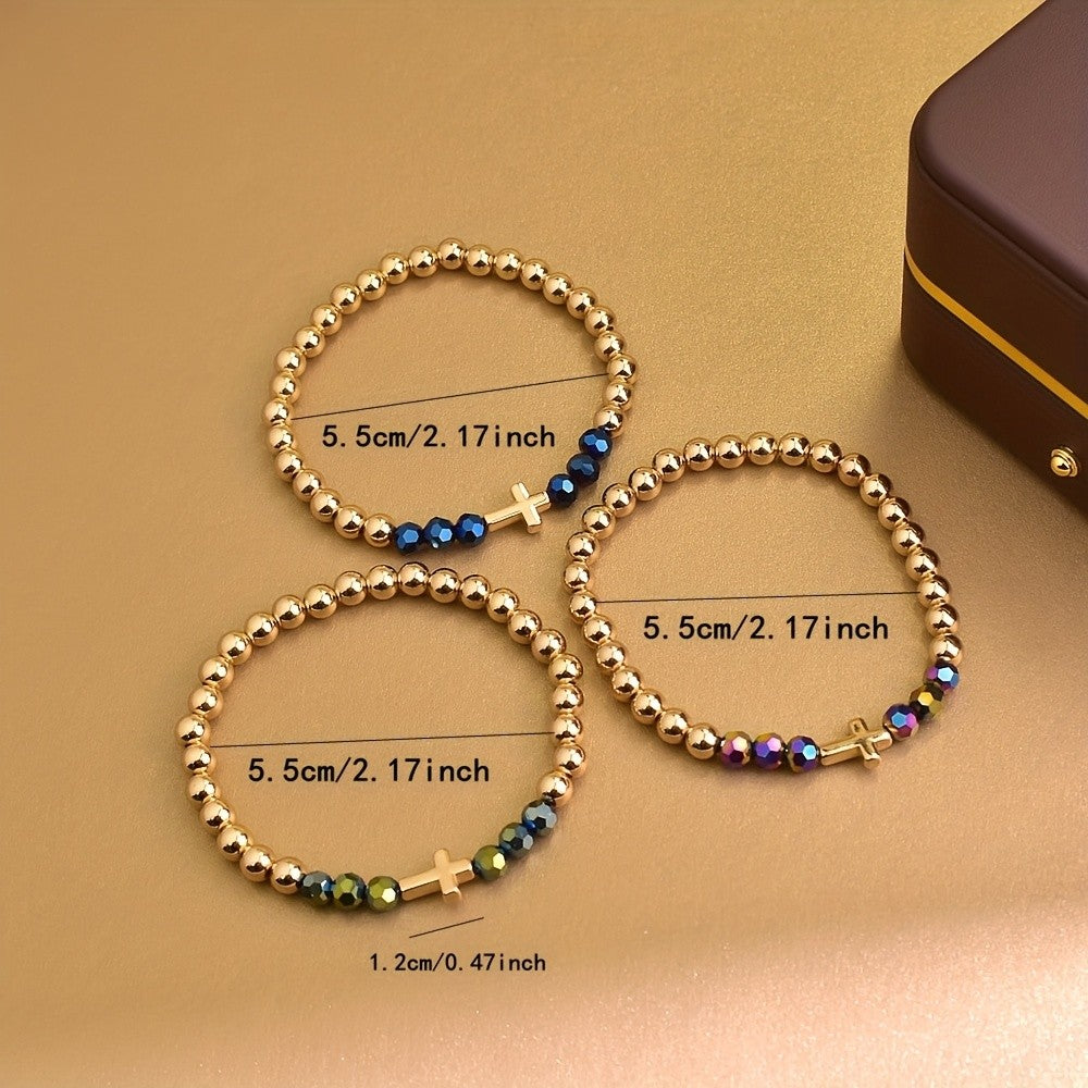3pc Boho Iridescent Cross Bracelet Set