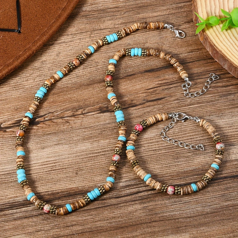 2pc Boho Wood Bead Necklace & Bracelet Set