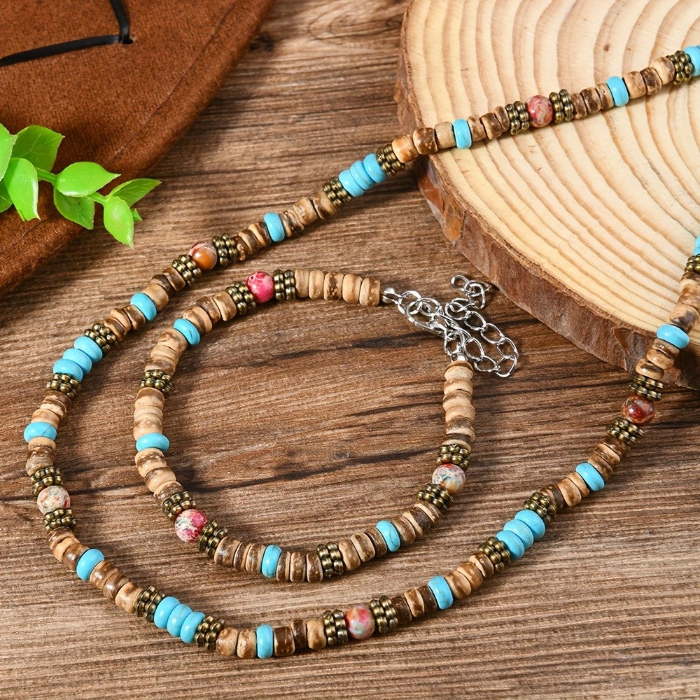 2pc Boho Wood Bead Necklace & Bracelet Set