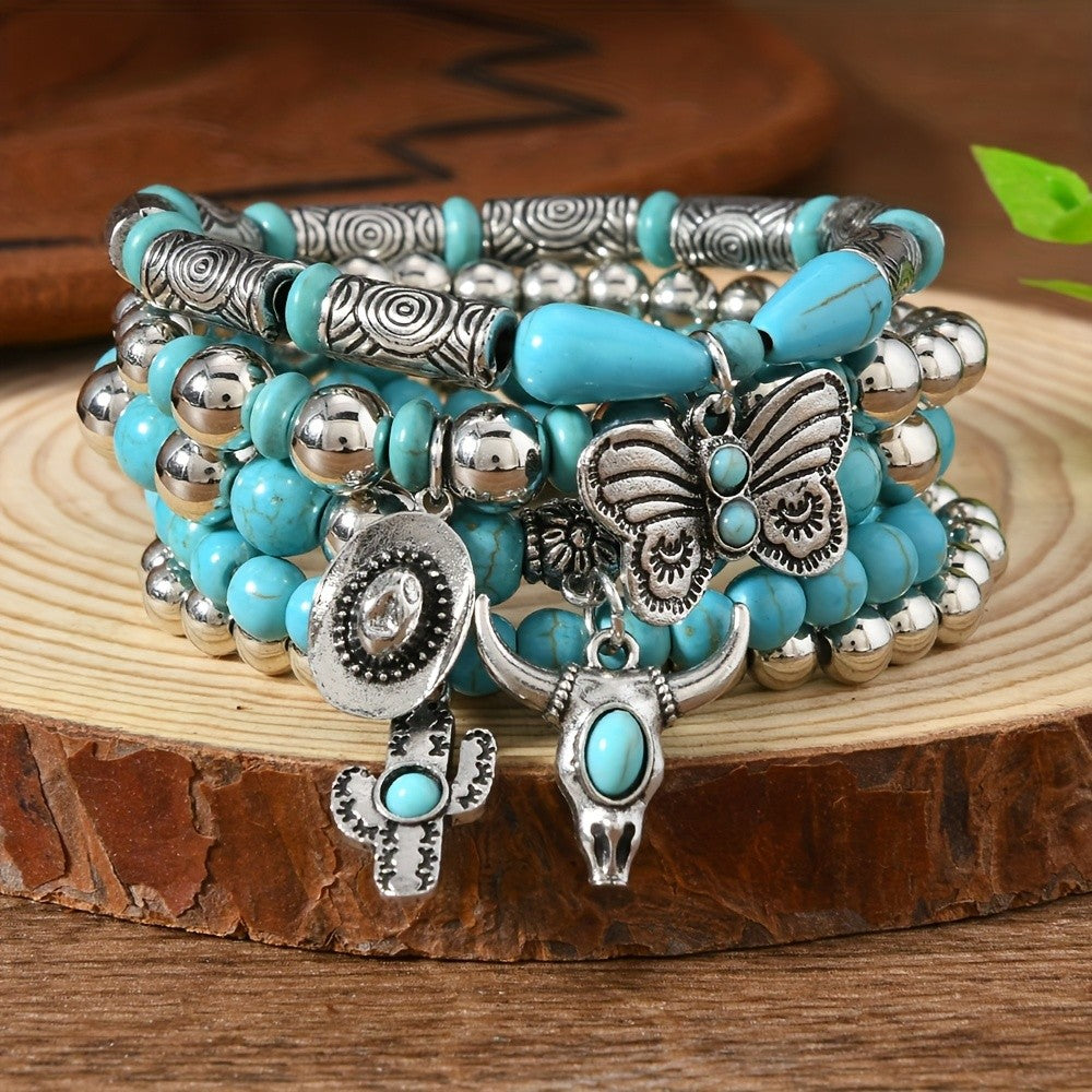 Boho Turquoise Bead Charm Bracelet Set