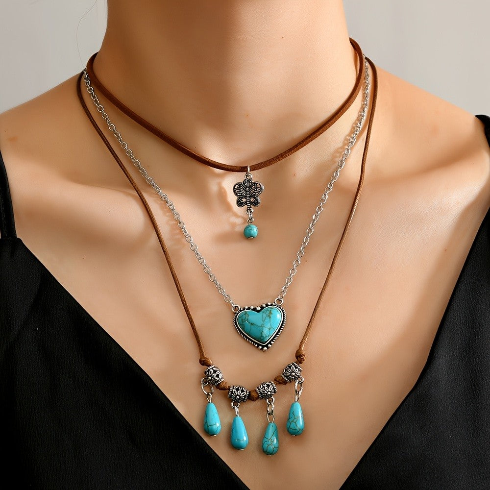 3pc Boho Turquoise Heart Necklace Set