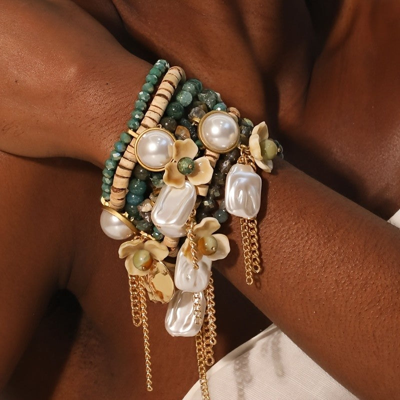 Boho Layered Green Bead Flower Bracelet Stack