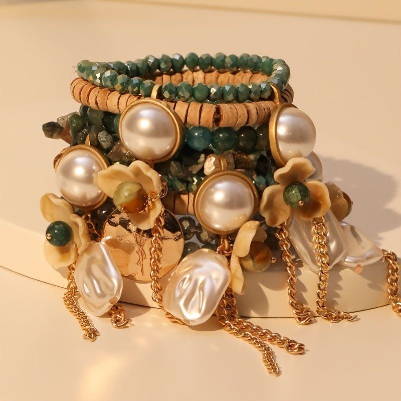 Boho Layered Green Bead Flower Bracelet Stack