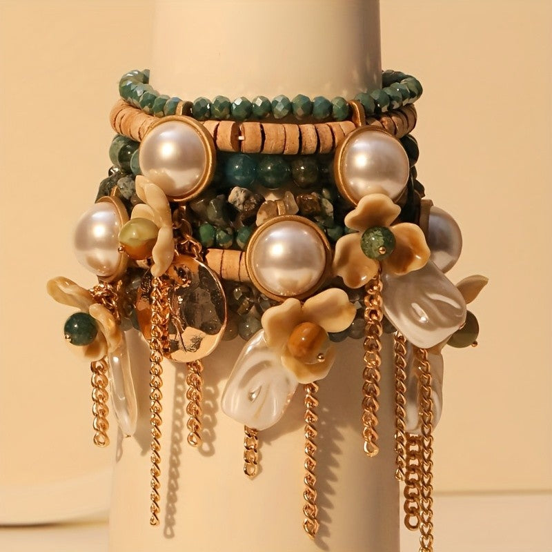 Boho Layered Green Bead Flower Bracelet Stack