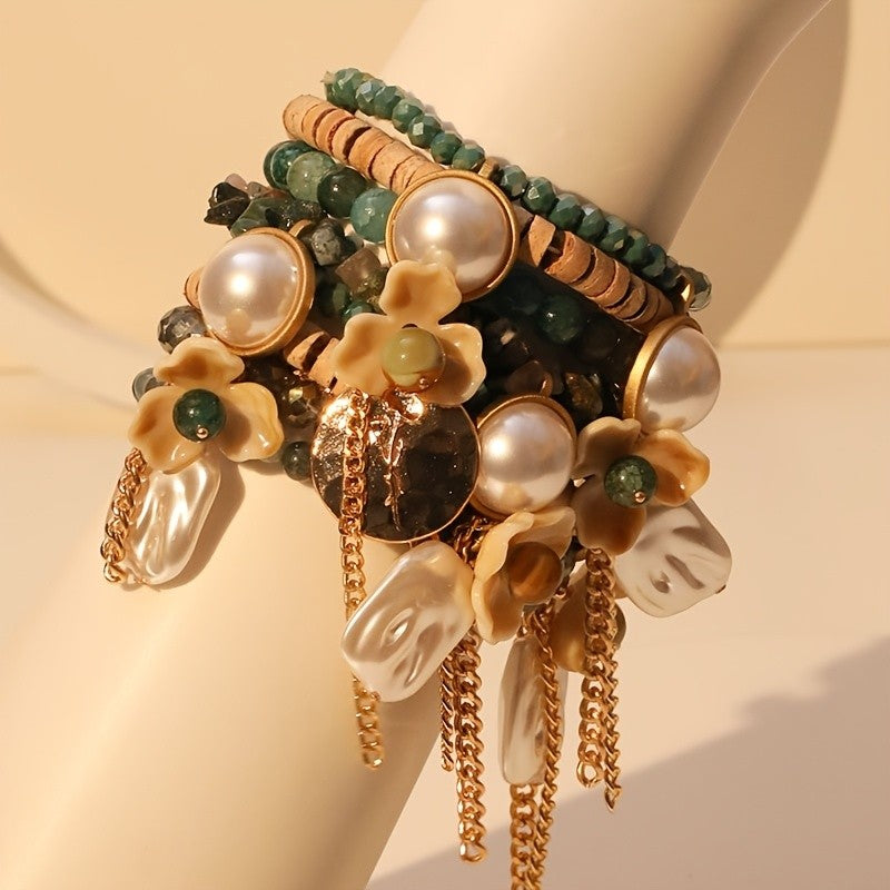 Boho Layered Green Bead Flower Bracelet Stack