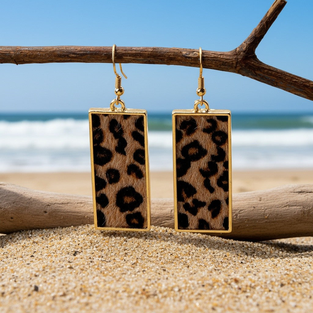 14k Rectangular Leopard Print Drop Earrings