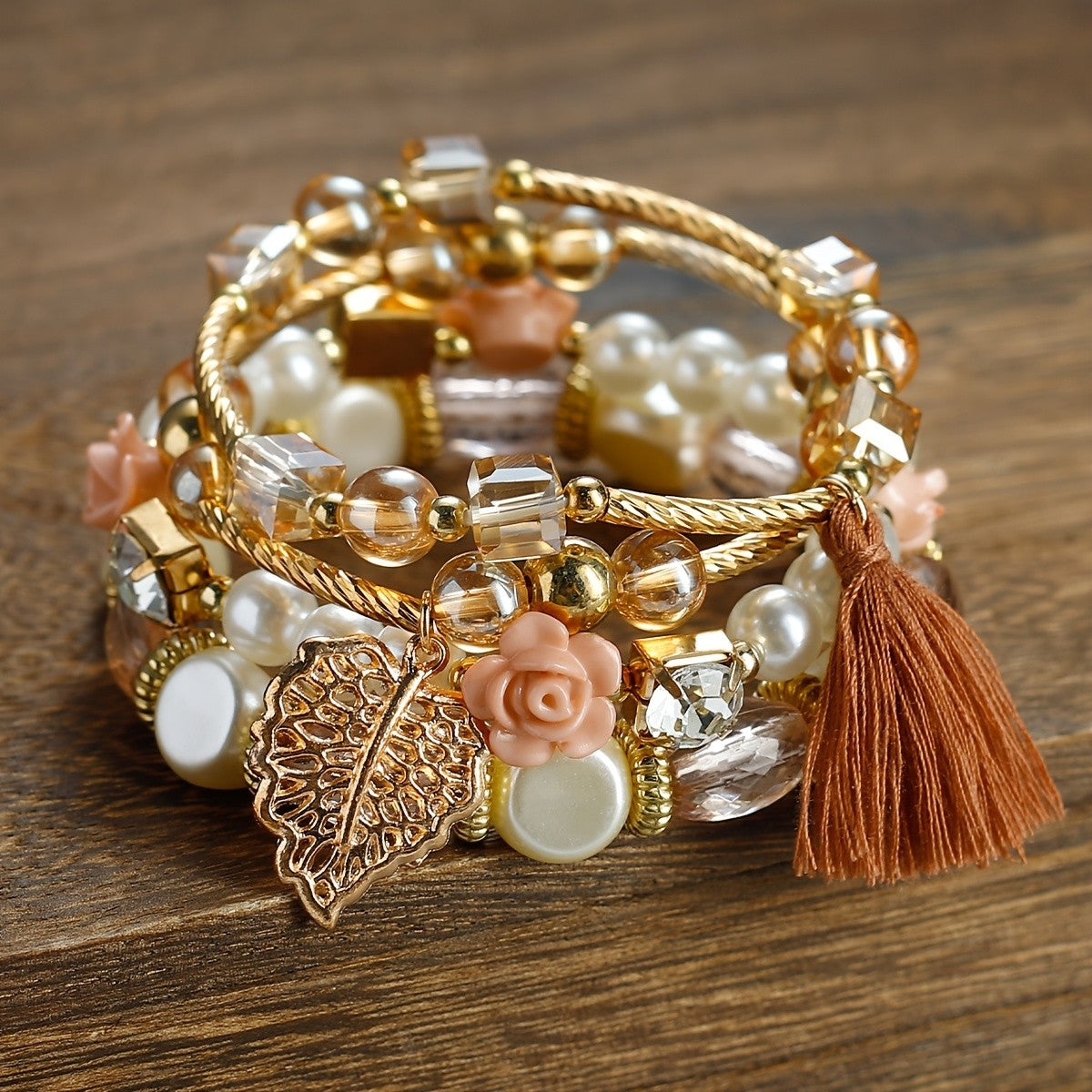Boho Floral Leaf Tassel Bracelet Set
