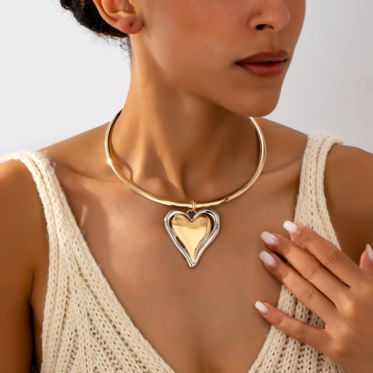 14k Boho Two-Tone Heart Choker Necklace