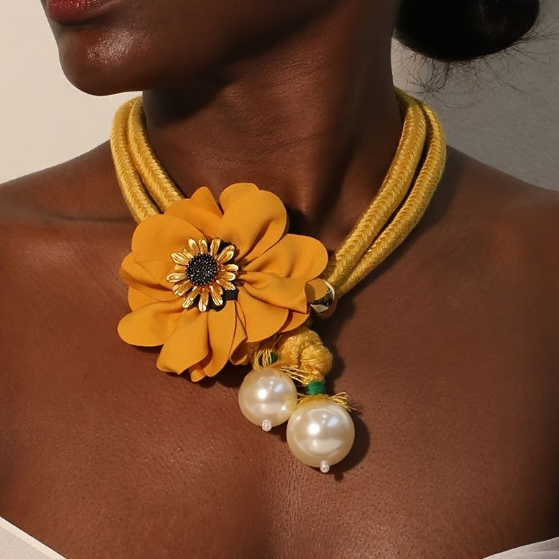 Boho Mustard Floral Faux Pearl Necklace