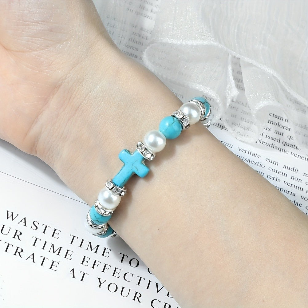 Boho Red Cross & Pearl Beaded Bracelet