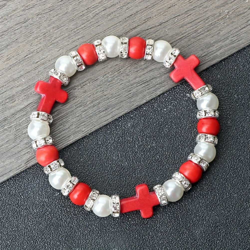 Boho Red Cross & Pearl Beaded Bracelet
