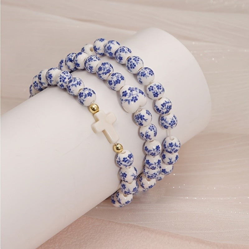 3pc Vintage Blue Floral Ceramic Bracelet Set