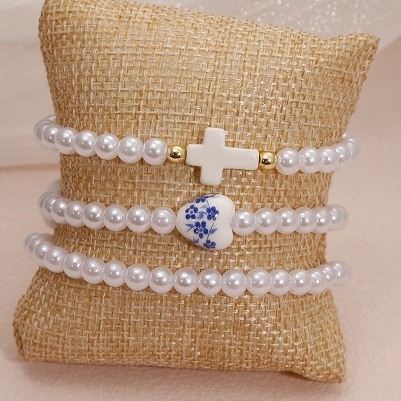3pc Vintage Blue Floral Ceramic Bracelet Set