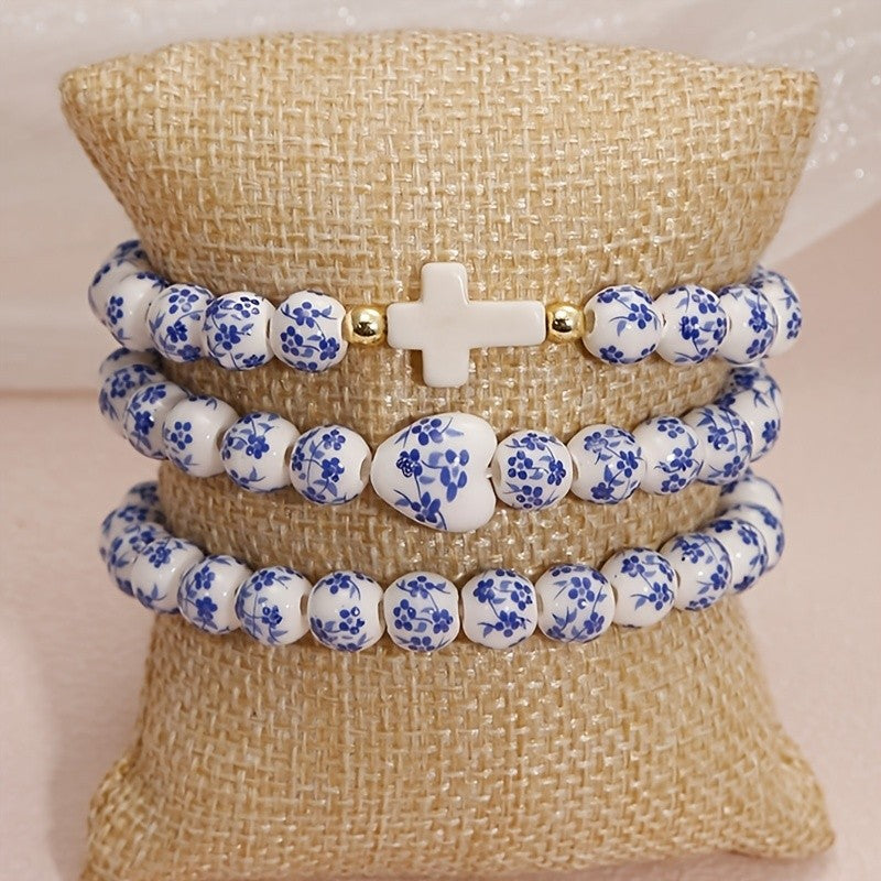 3pc Vintage Blue Floral Ceramic Bracelet Set