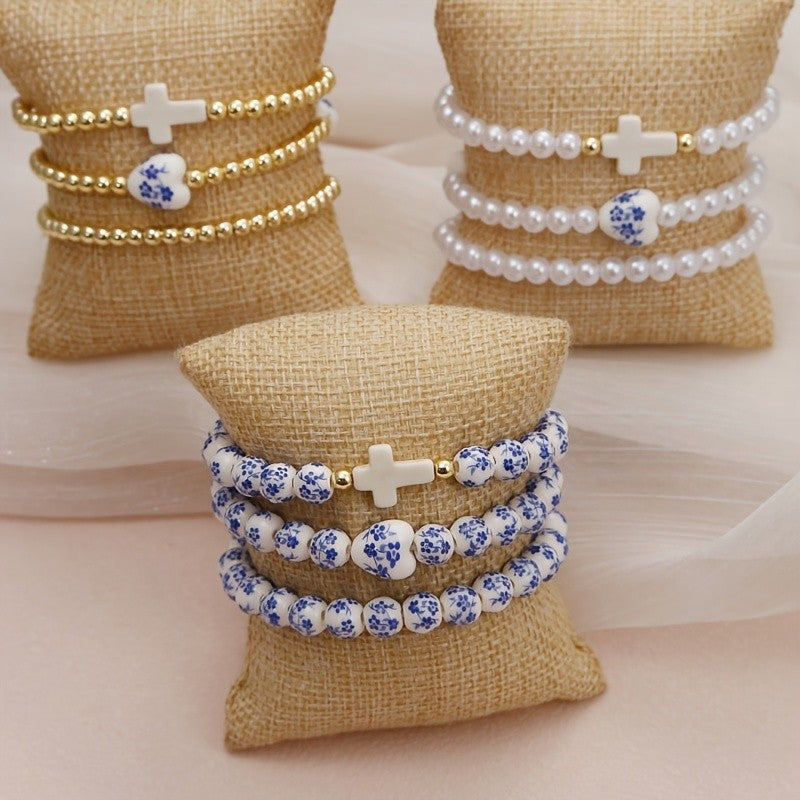 3pc Vintage Blue Floral Ceramic Bracelet Set