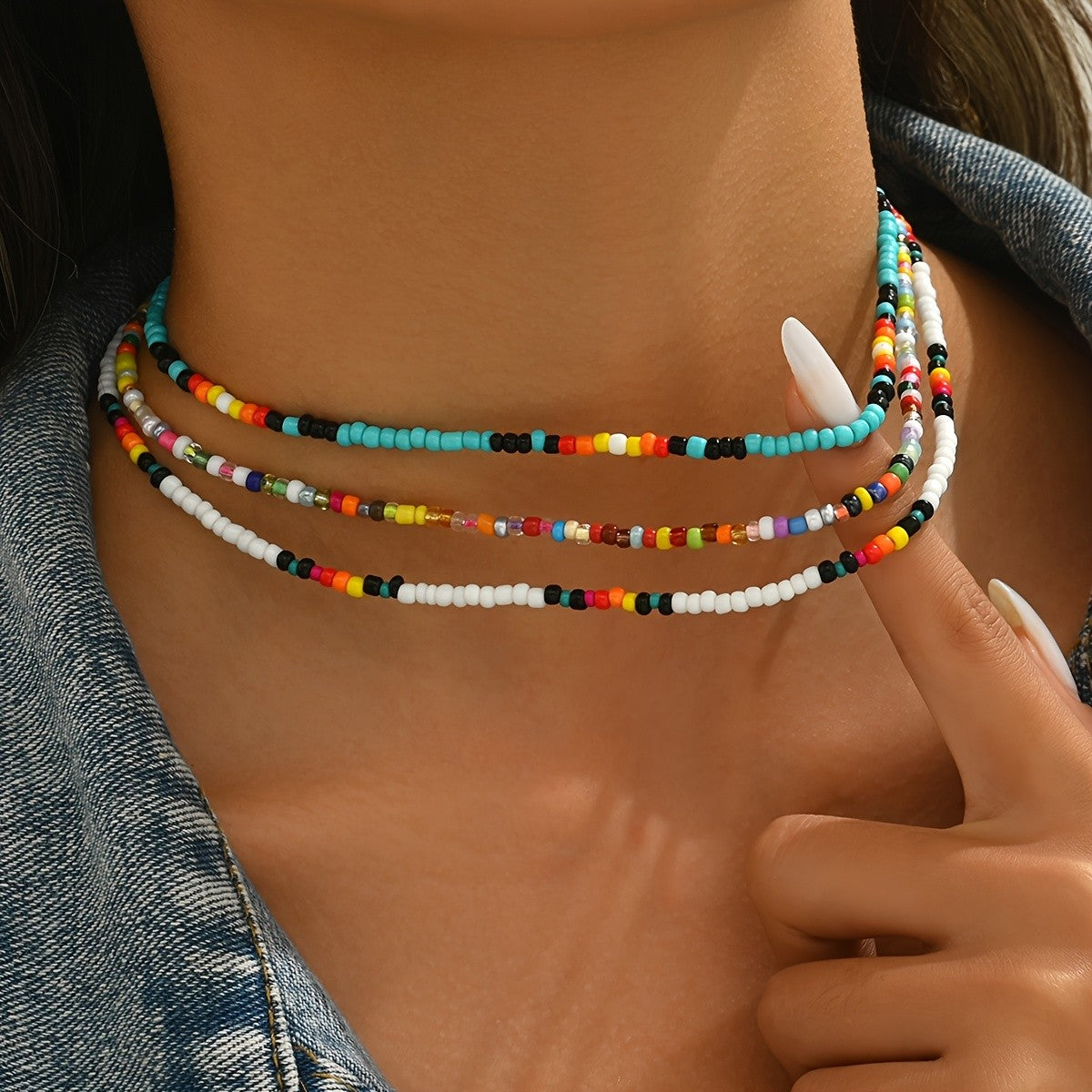 3pc Boho Multi-Color Acrylic Bead Necklace Set