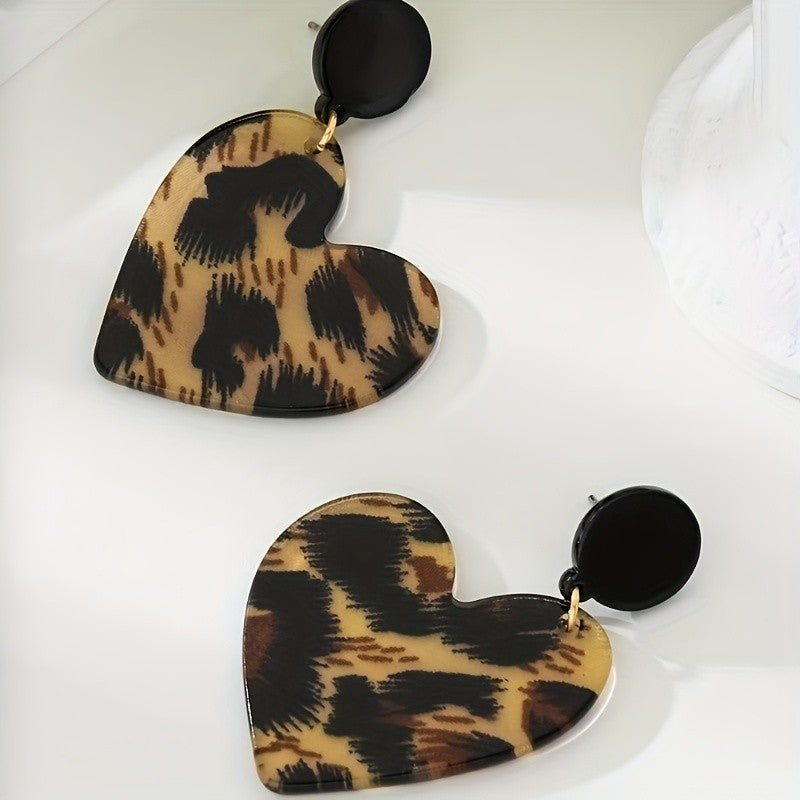 Leopard Print Acrylic Heart Dangle Earrings