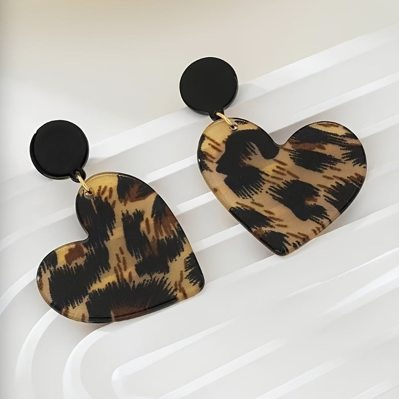 Leopard Print Acrylic Heart Dangle Earrings