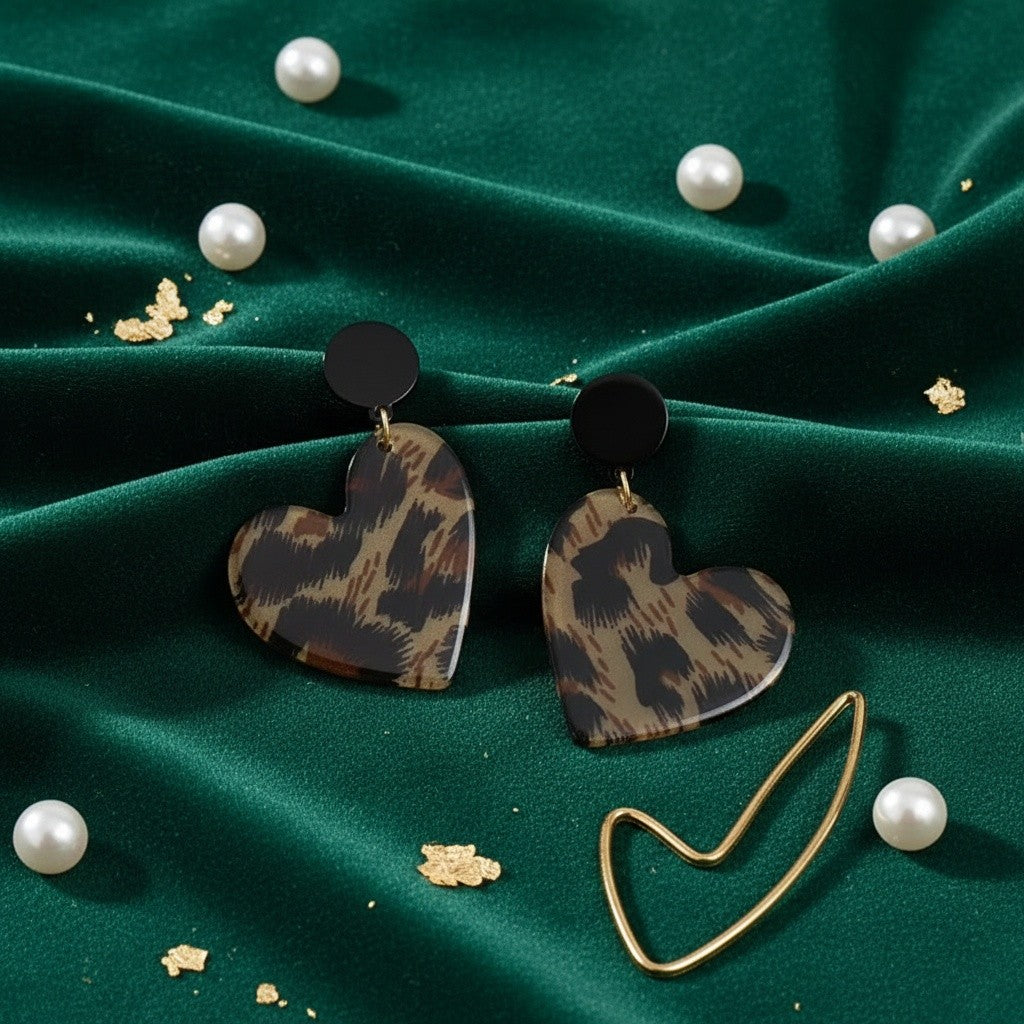Leopard Print Acrylic Heart Dangle Earrings