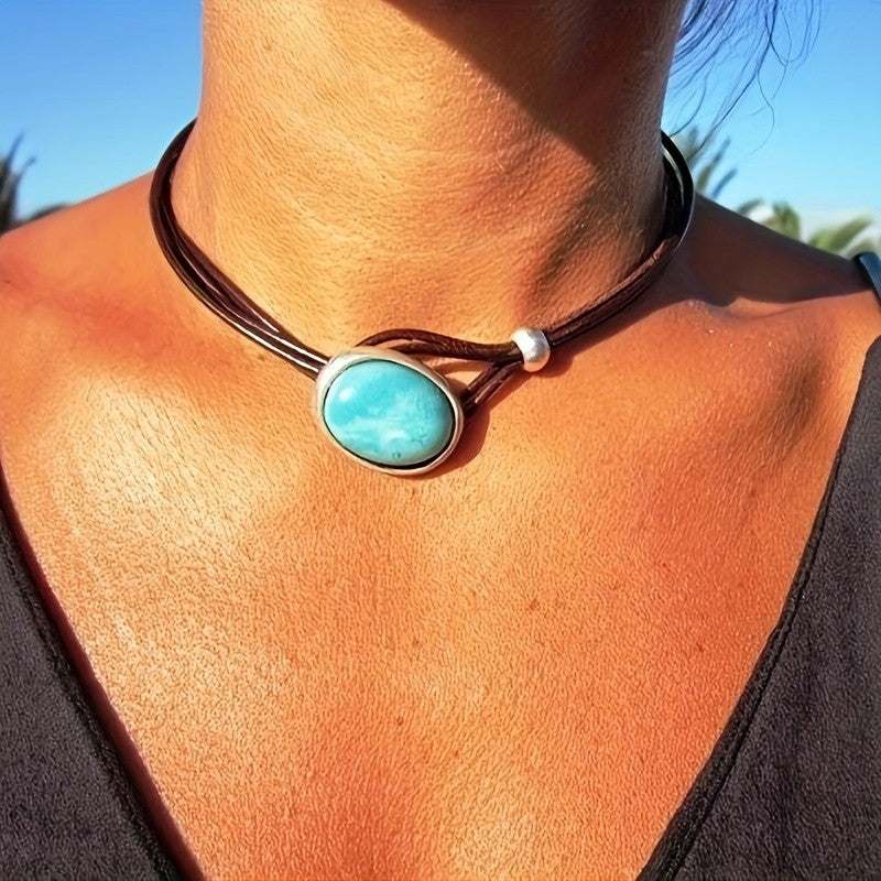 Boho Oval Turquoise Stone Cord Necklace
