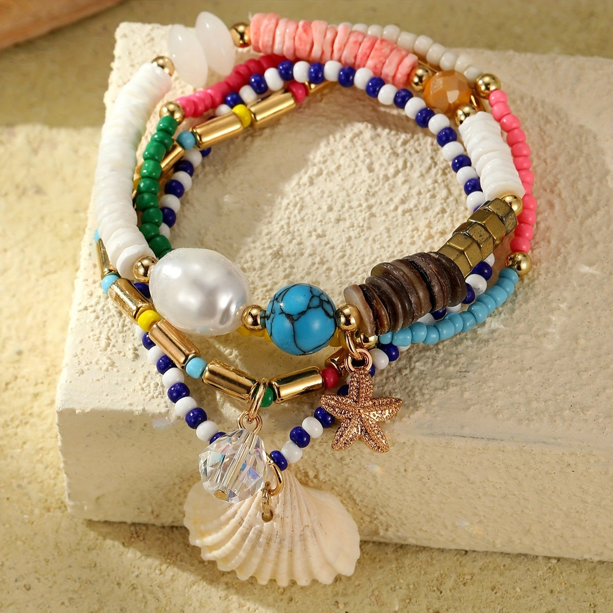 4pc Boho Turquoise & Shell Bracelet Set