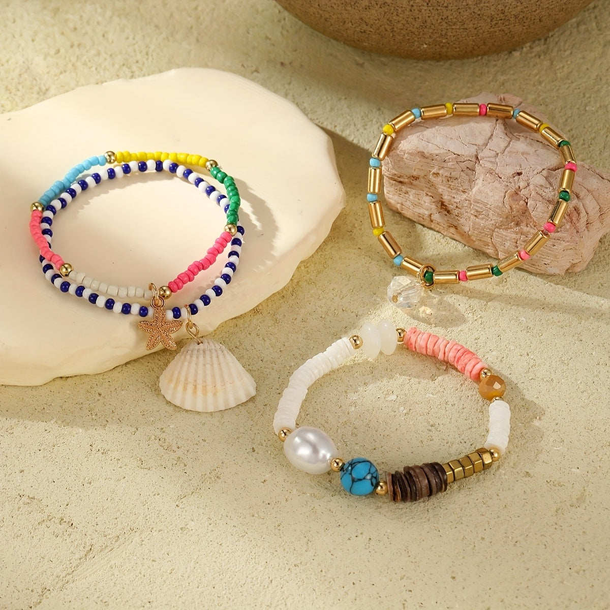 4pc Boho Turquoise & Shell Bracelet Set