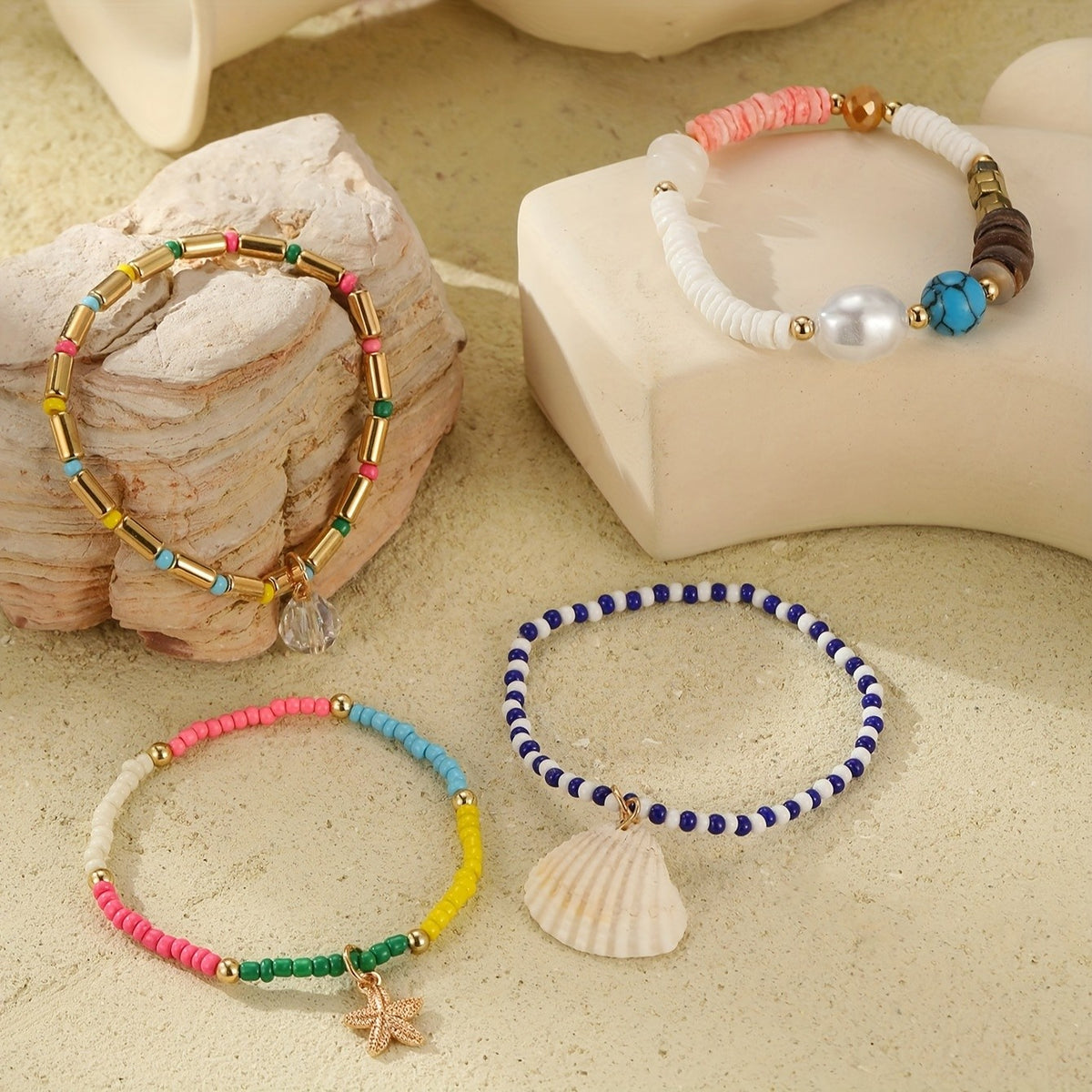 4pc Boho Turquoise & Shell Bracelet Set