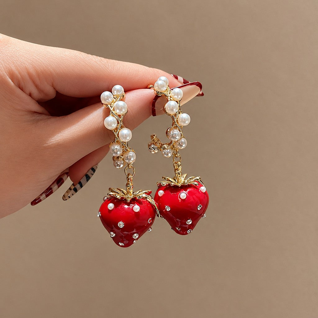 Romantic Strawberry Pearl Drop Earrings