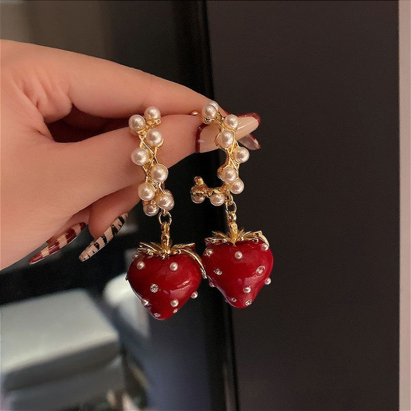 Romantic Strawberry Pearl Drop Earrings