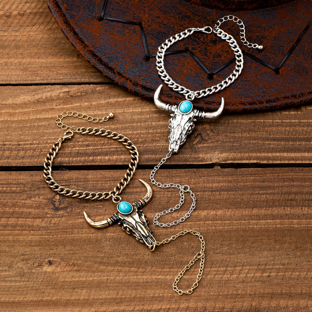 Vintage Turquoise Bull Skull Bracelet Ring Set