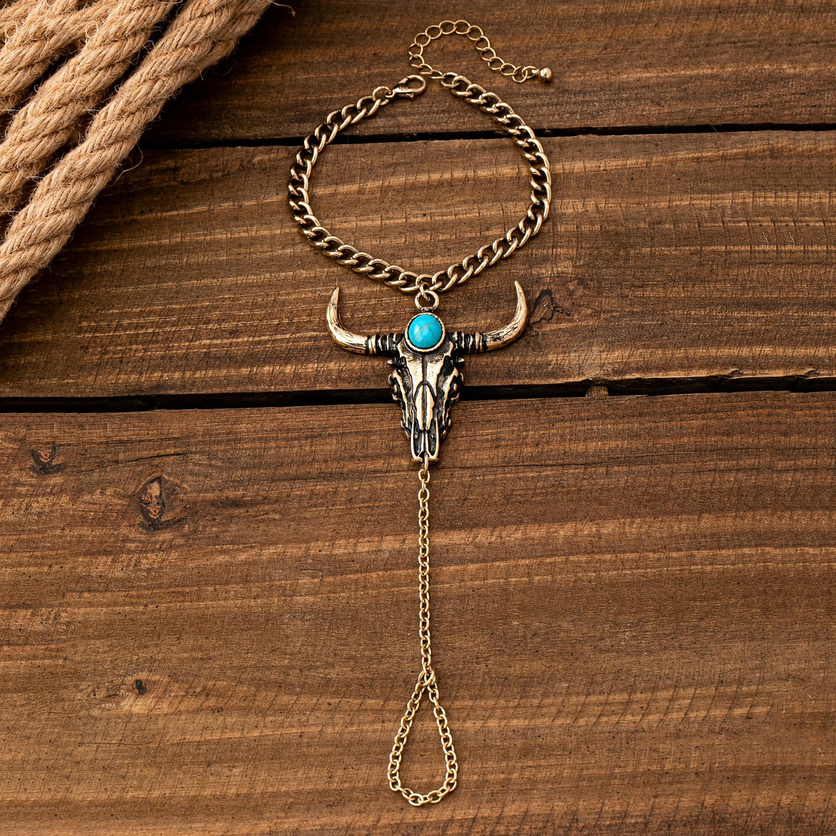 Vintage Turquoise Bull Skull Bracelet Ring Set