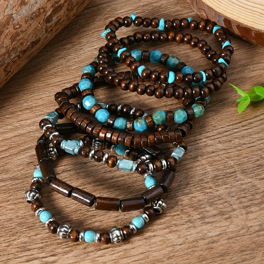 Vintage Wood Turquoise Bead Bracelet Set