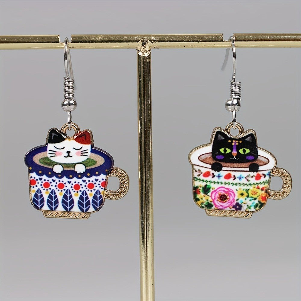 Cute Vintage Cat Teacup Earrings