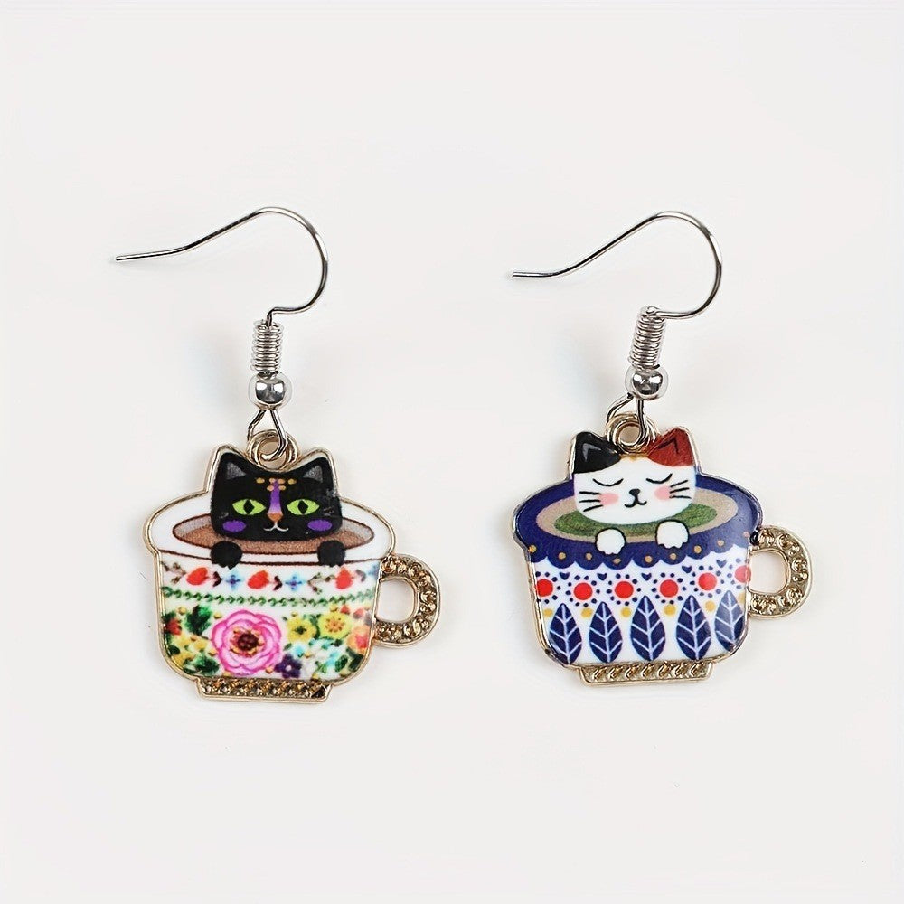Cute Vintage Cat Teacup Earrings
