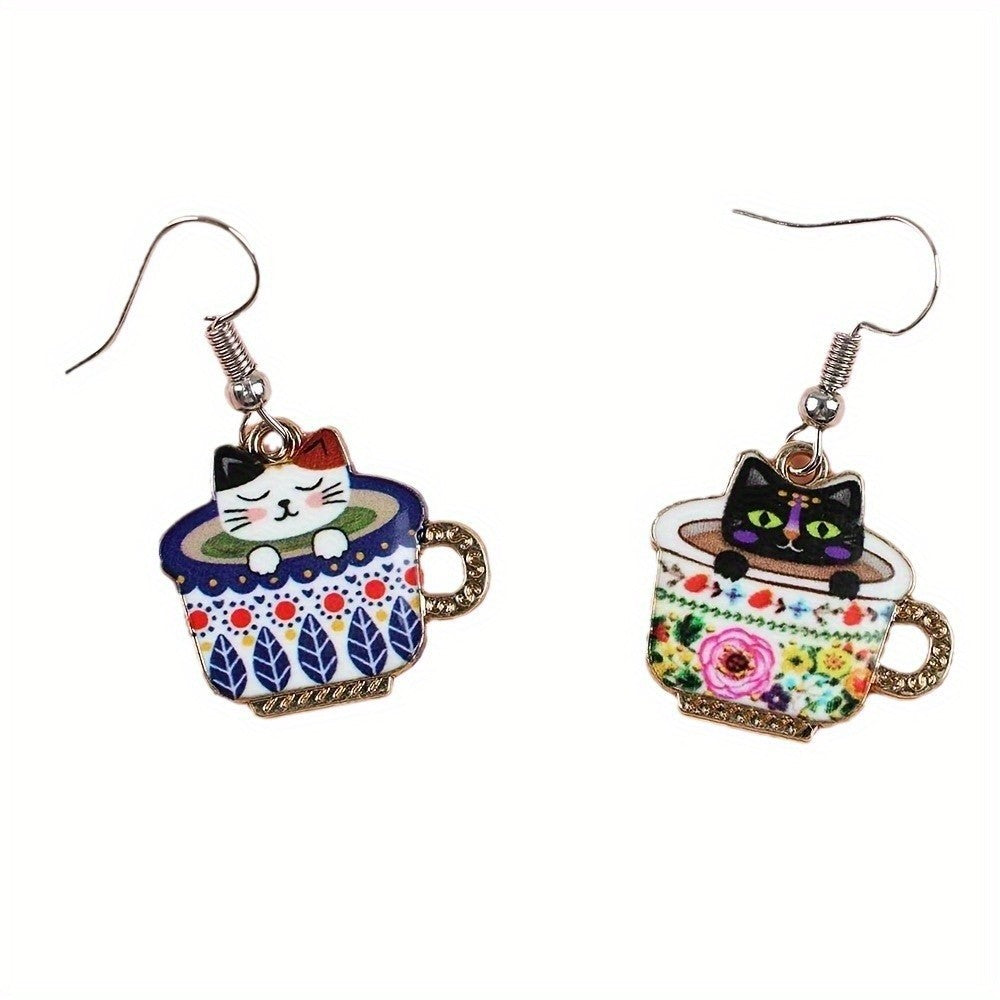 Cute Vintage Cat Teacup Earrings