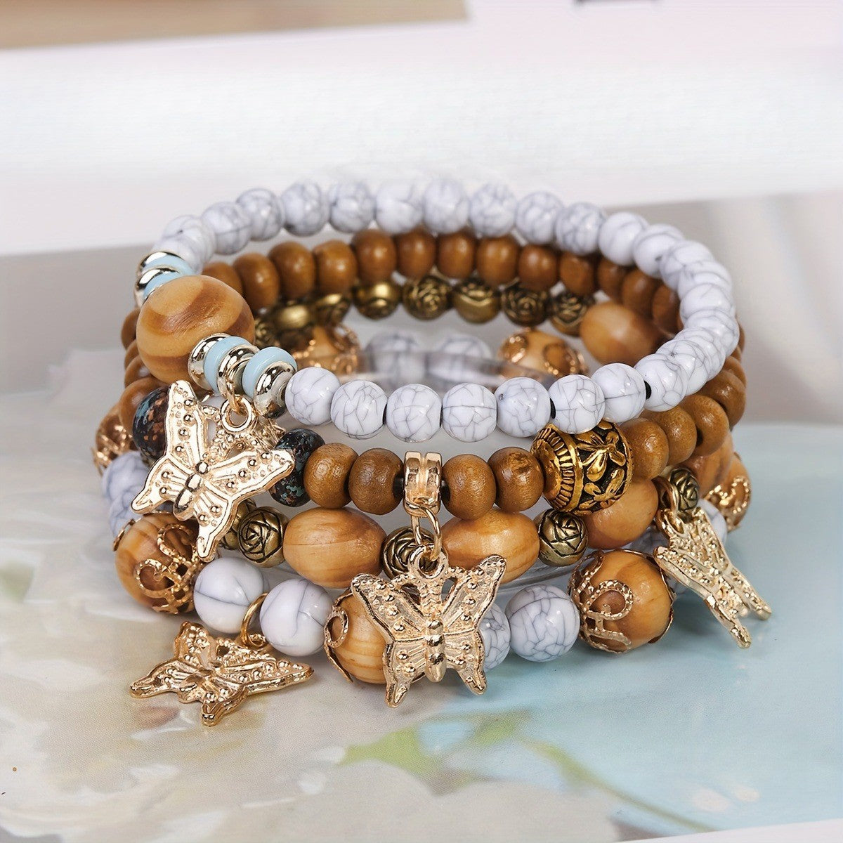 4pc Boho Wooden Bead Butterfly Bracelet Set