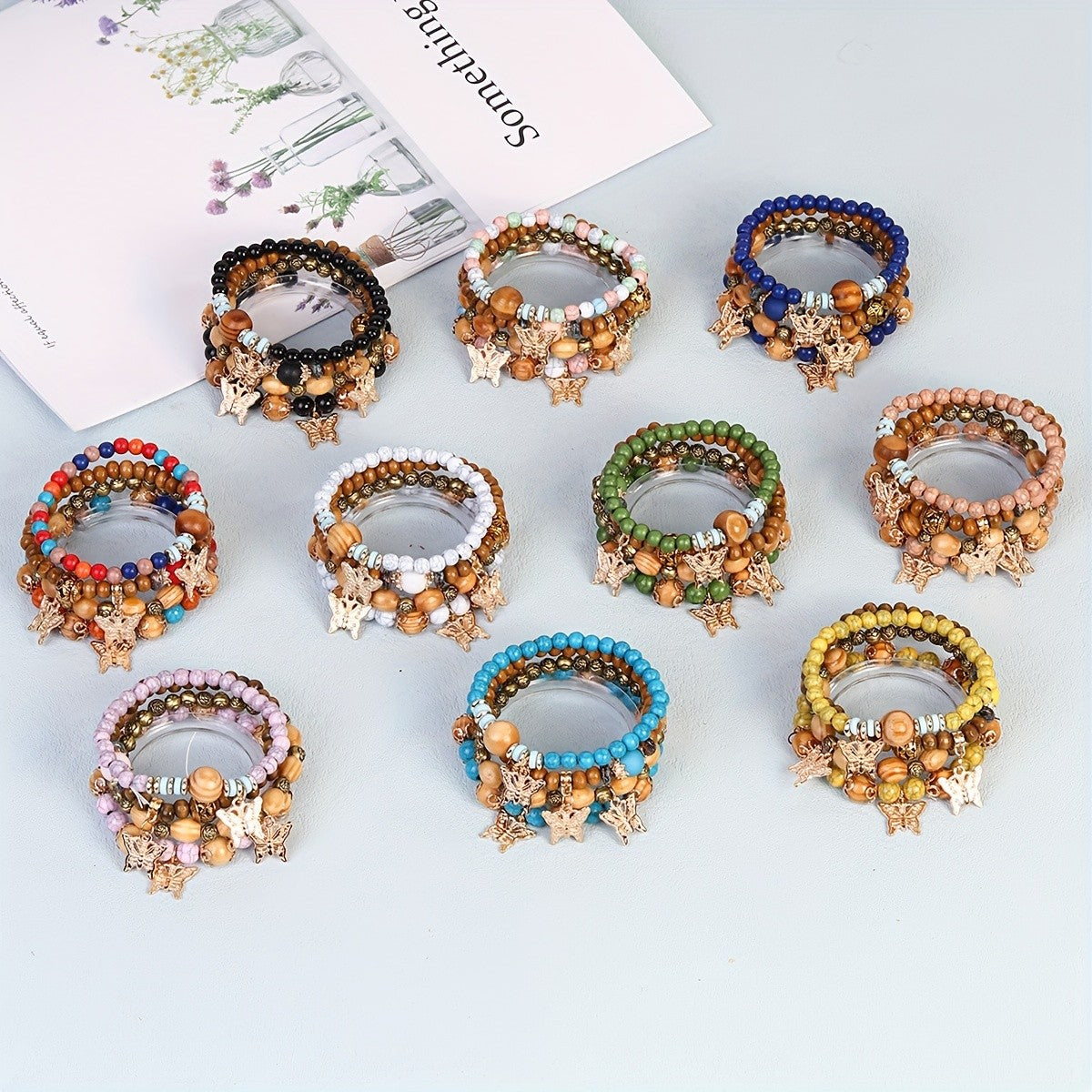 4pc Boho Wooden Bead Butterfly Bracelet Set