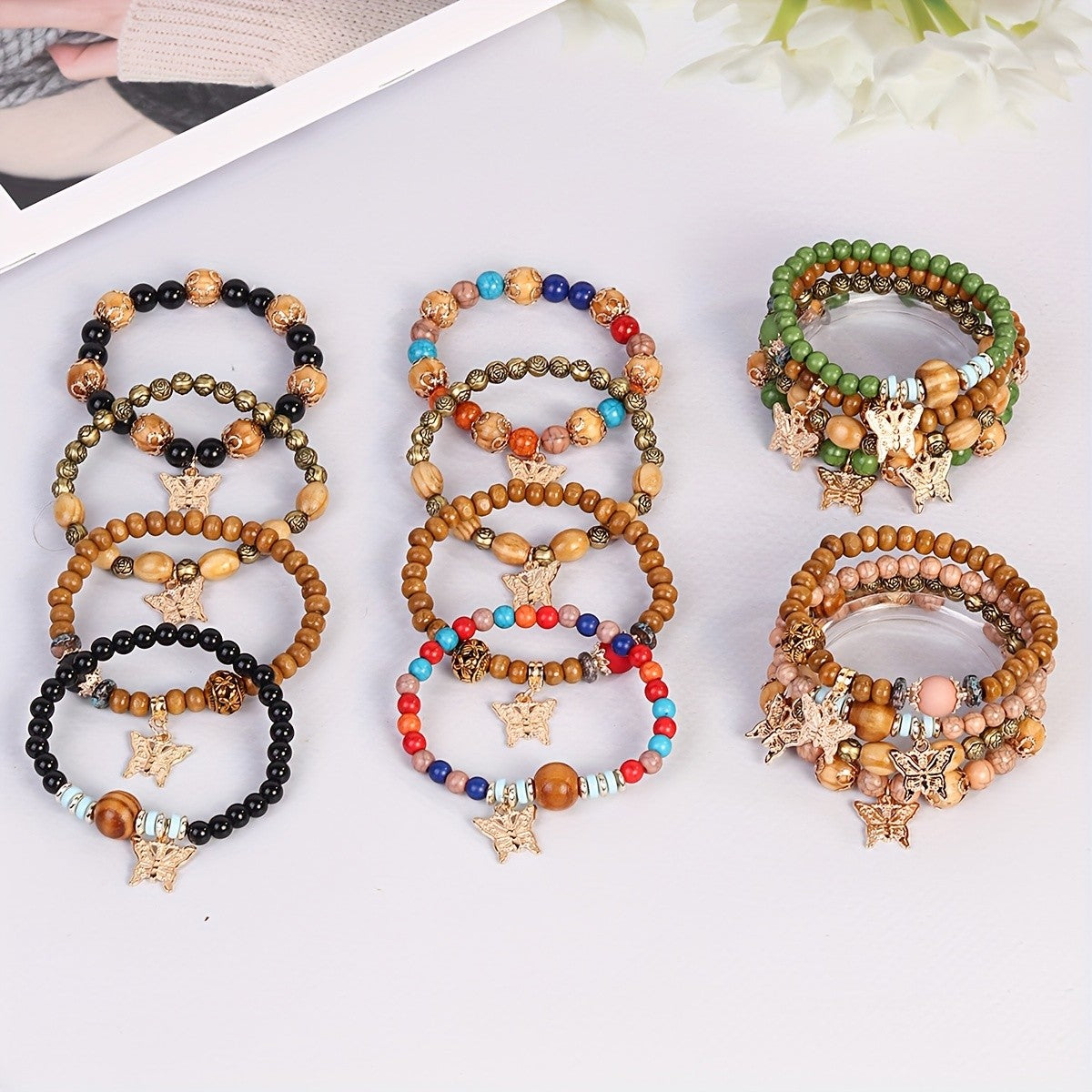 4pc Boho Wooden Bead Butterfly Bracelet Set