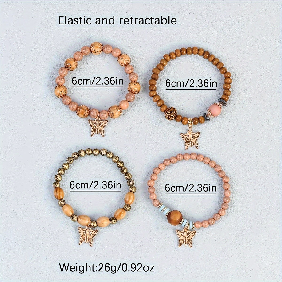 4pc Boho Wooden Bead Butterfly Bracelet Set