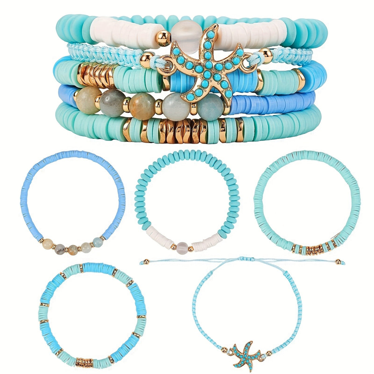 Boho Turquoise Starfish Beaded Bracelet Set
