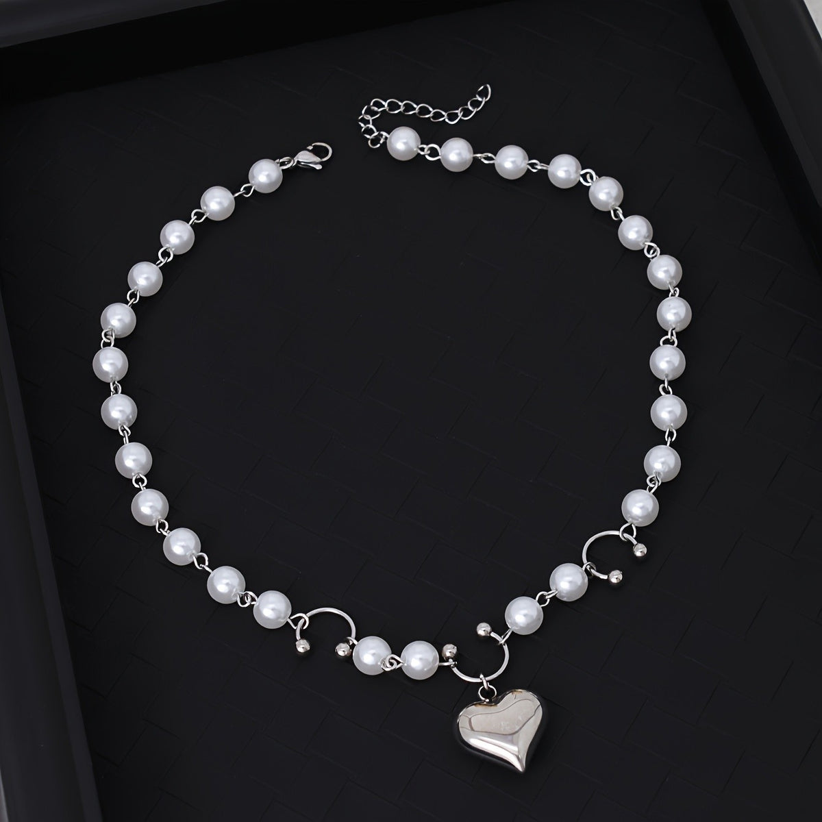 Dainty Faux Pearl Heart Choker Necklace
