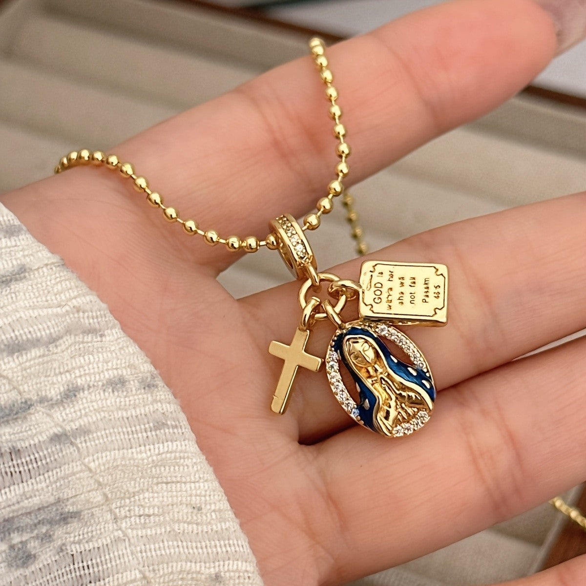 18k Elegant Virgin Mary Necklace & Bracelet Set