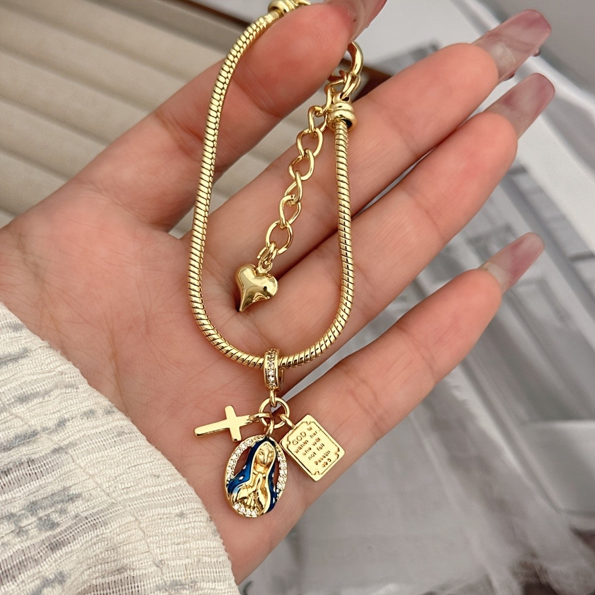 18k Elegant Virgin Mary Necklace & Bracelet Set