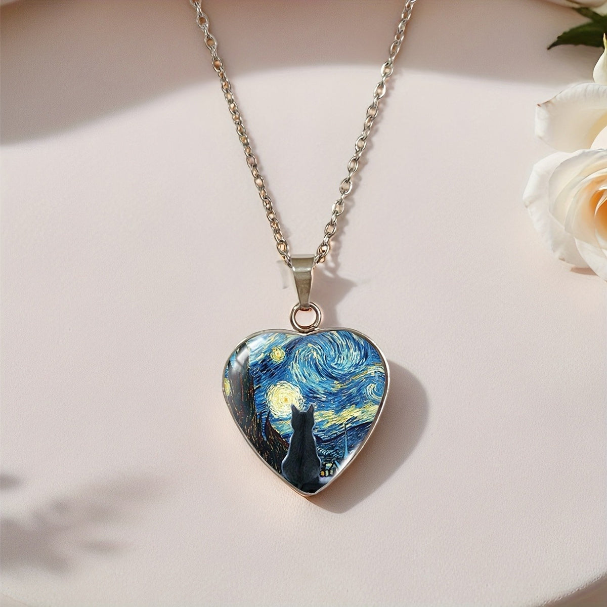 Romantic Starry Night Cat Heart Necklace