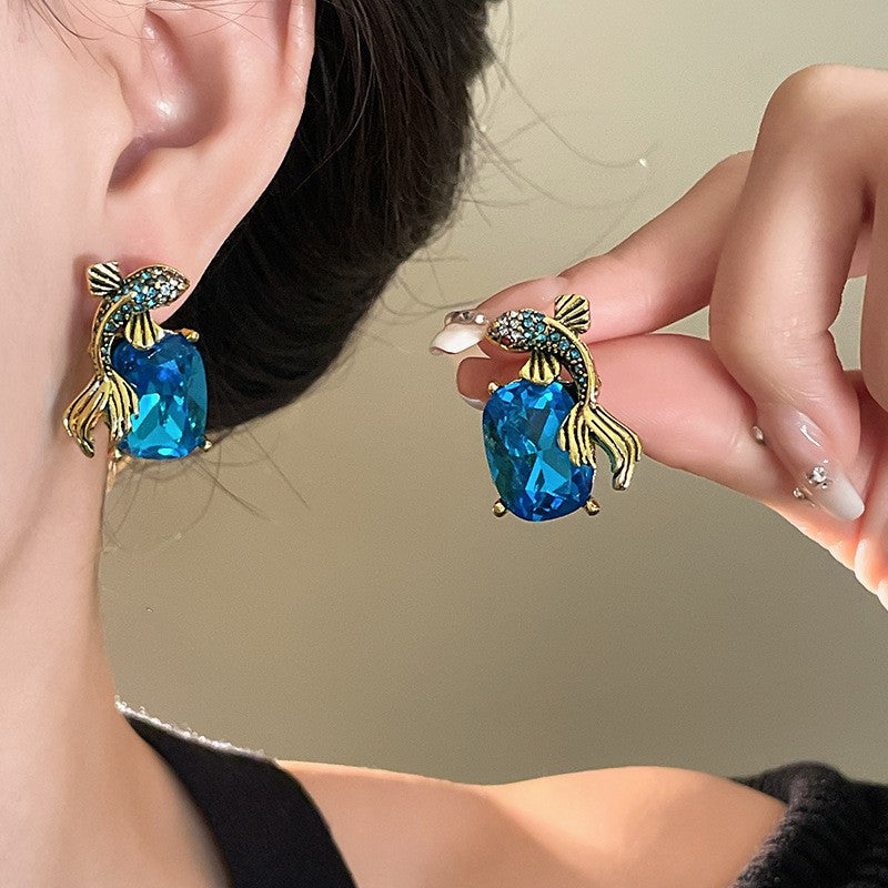 Classy Blue Gemstone Fish Earrings